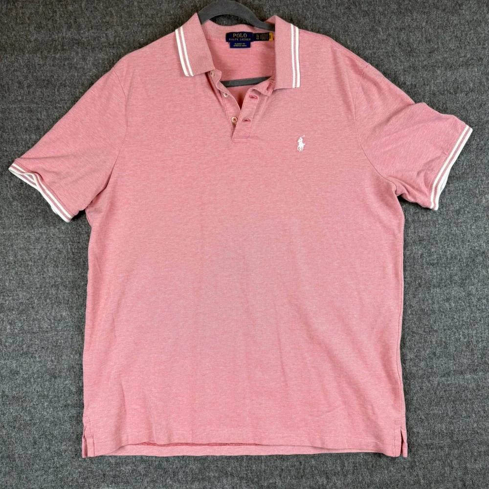Polo Ralph Lauren Polo Shirt Men XL Pink Cotton Stretch Mesh Tipped Short Sleeve